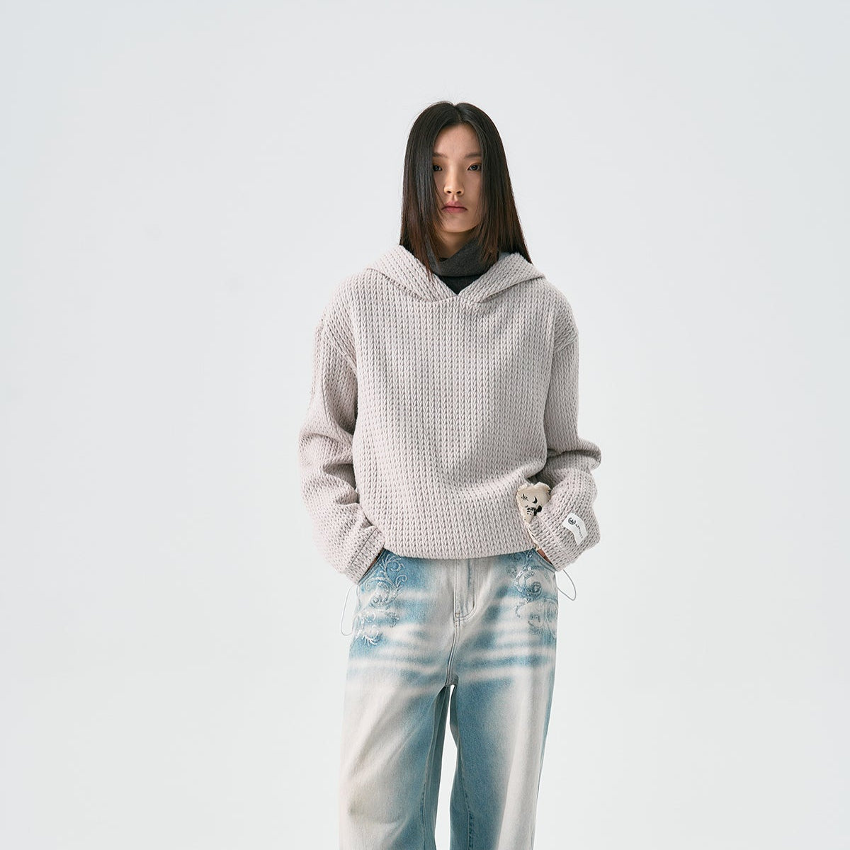 Jacquard Appliqué Hooded Knit Sweater WN19021