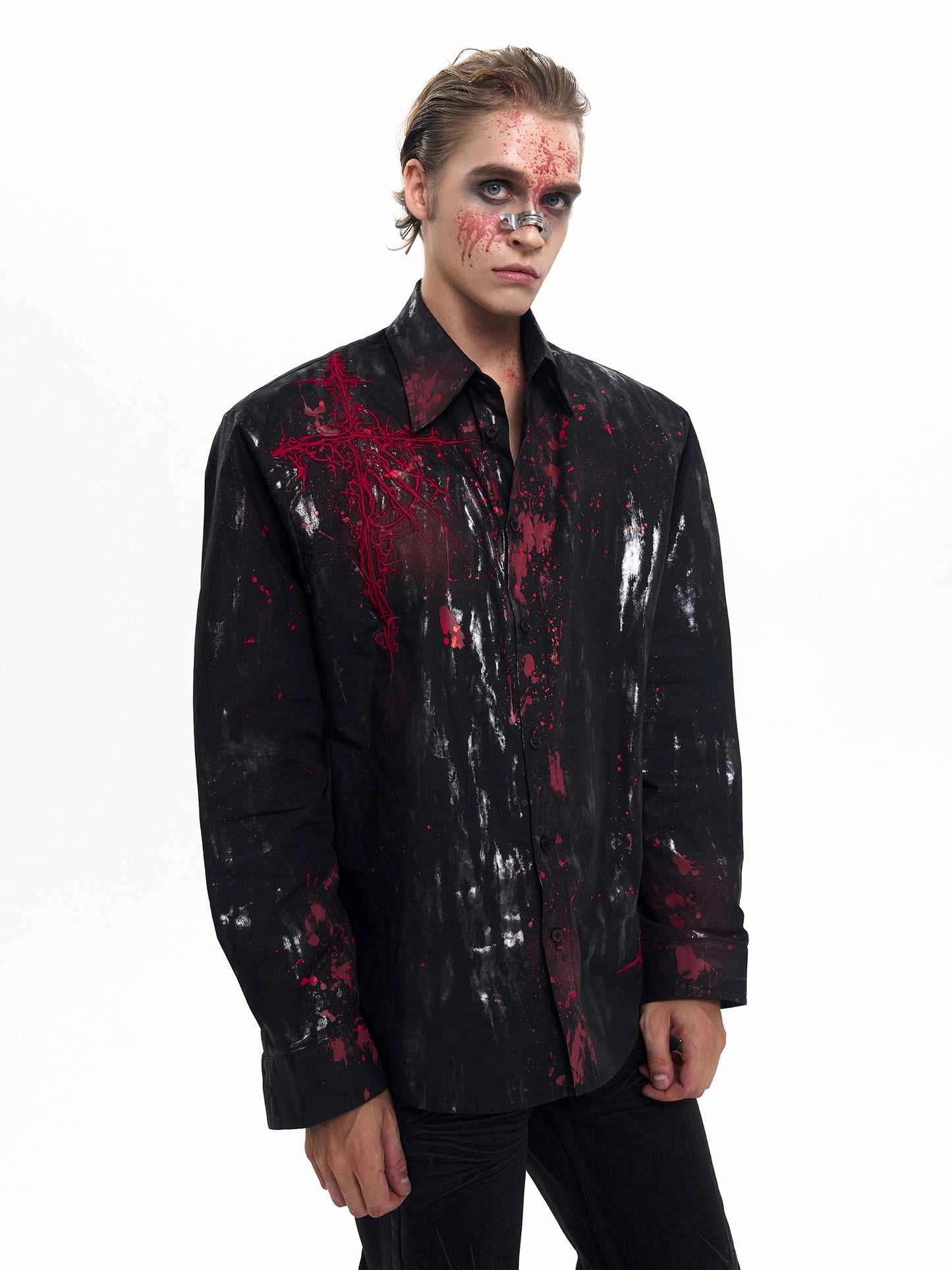 Bloodstain Foil Gothic Embroidery Shoulder-Pad Long Sleeve Shirt WN20507