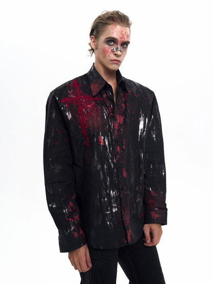 Bloodstain Foil Gothic Embroidery Shoulder-Pad Long Sleeve Shirt WN20507
