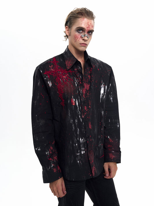 Bloodstain Foil Gothic Embroidery Shoulder-Pad Long Sleeve Shirt WN20507