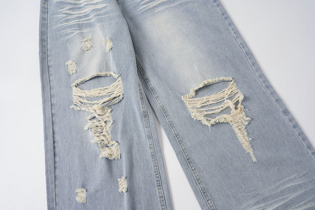 Washed Whisker Damage Wide Leg Denim Jeans WN25532