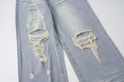 Washed Whisker Damage Wide Leg Denim Jeans WN25532