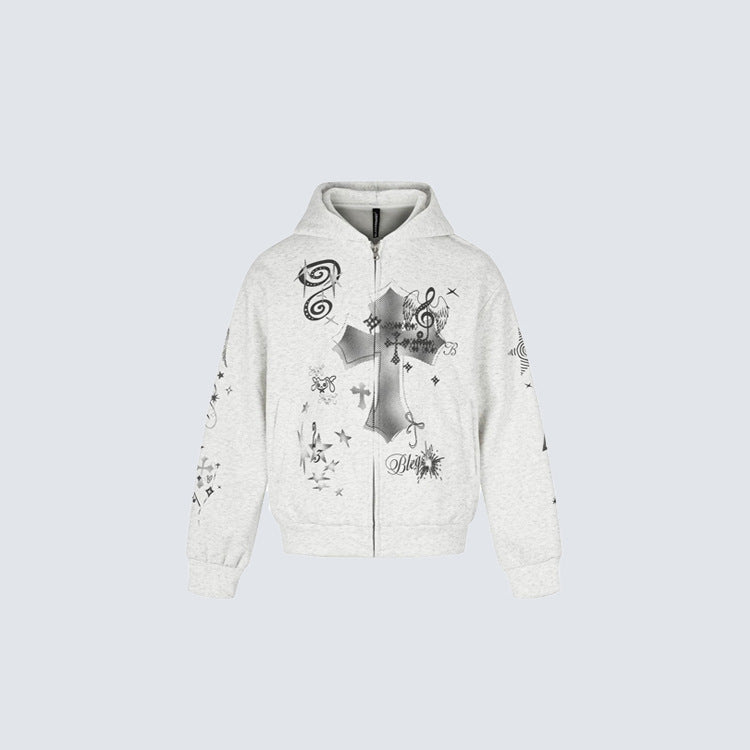 Cross Music-Note Print Drop-Shoulder Oversize Zipper Hoodie WN27937