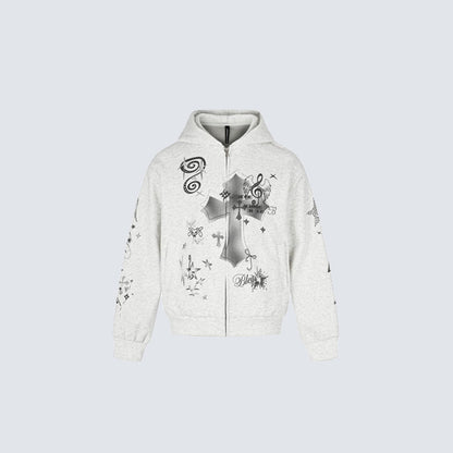 Cross Music-Note Print Drop-Shoulder Oversize Zipper Hoodie WN27937