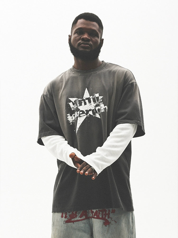 Fake Layered Damage Print Oversize Long Sleeve T-Shirt WN17789