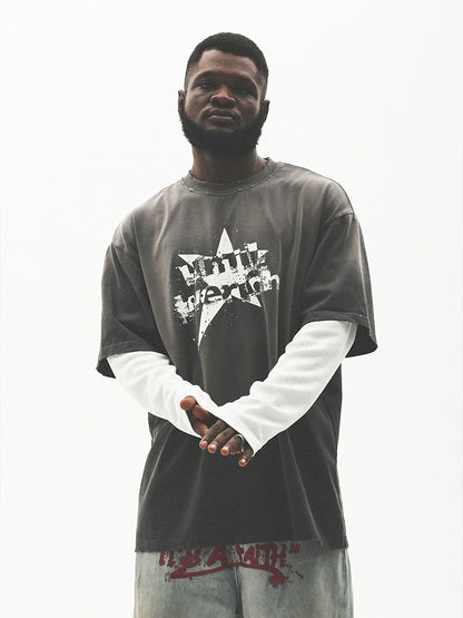 Fake Layered Damage Print Oversize Long Sleeve T-Shirt WN17789