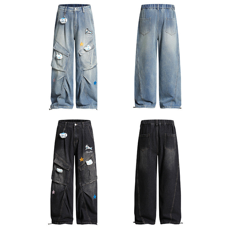 Pleated Dog Embroidery Detachable Dog Charm Wide Leg Denim Jeans WN26803