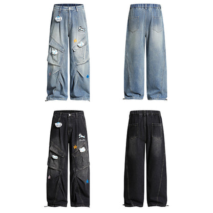 Pleated Dog Embroidery Detachable Dog Charm Wide Leg Denim Jeans WN26803