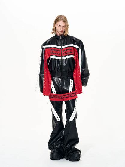 Contrast Ribbon Stand Neck PU Leather Jacket & Contrast PU Leather Flare Pants Setup WN22646