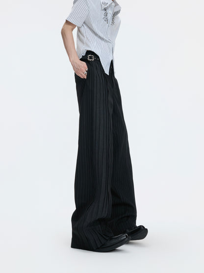Decorative Buckle Stripe Patchwork Wide Leg Trousers WN27003