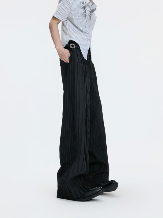 Decorative Buckle Stripe Patchwork Wide Leg Trousers WN27003