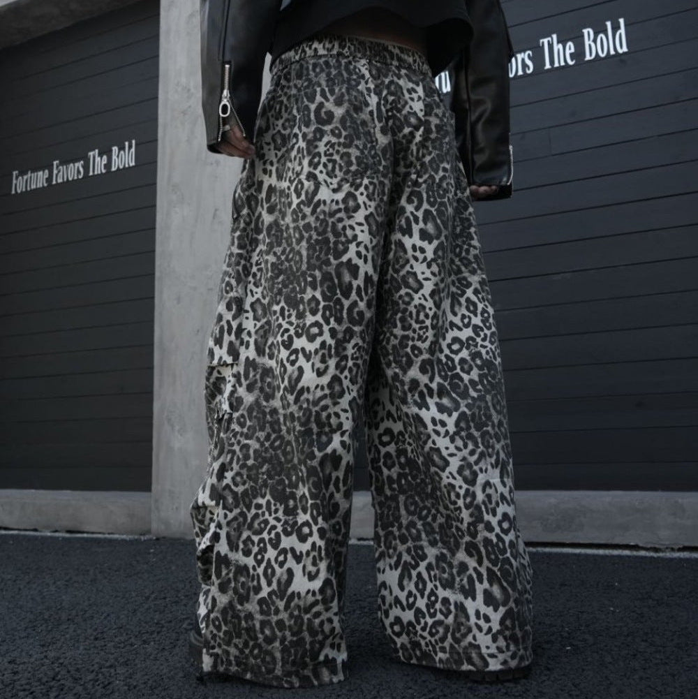 Leopard Studs Chain Detail Wide Leg Cargo Pants WN28012