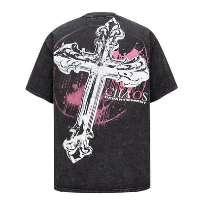 Vintage Washed Oversize Cross Graphic Short Sleeve T-Shirt WN24430