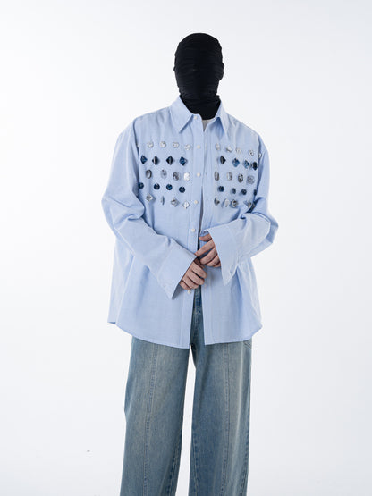 Stripe Gem Button Design Long Sleeve Shirt WN23616