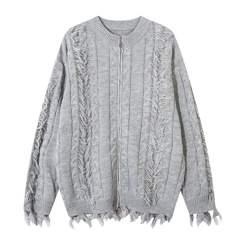 Fringe Detail Oversize Knit Zipper Cardigan WN10904