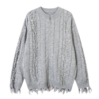 Fringe Detail Oversize Knit Zipper Cardigan WN10904