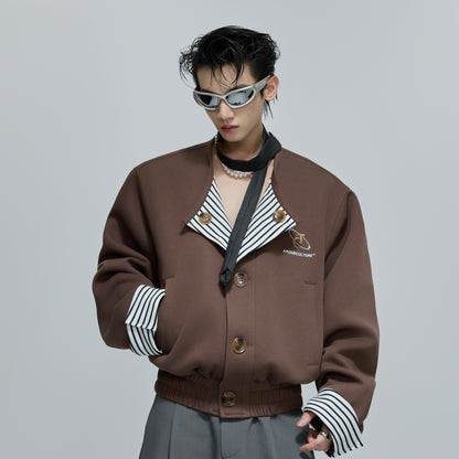 Striped Fake Layered Collarless Embroidery Short Jacket WN21711