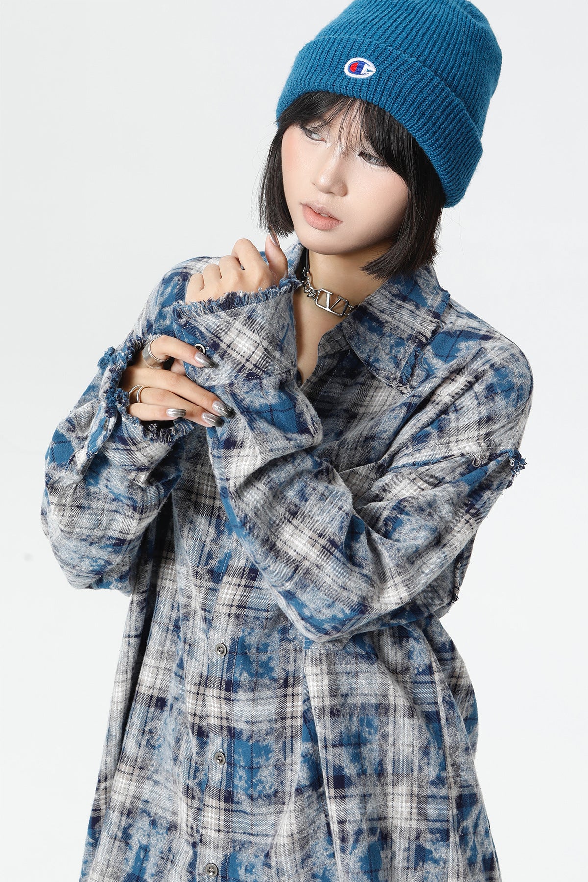 Plaid Washed Fringe Long Sleeve Shirt WN25379