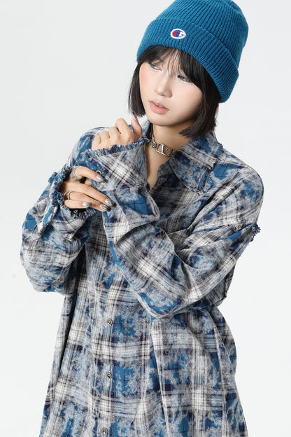 Plaid Washed Fringe Long Sleeve Shirt WN25379