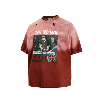 Washed Damage Portrait Print Short Sleeve T-Shirt WN25489