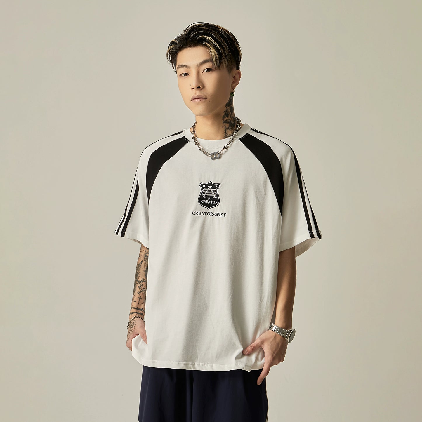 Oversize Three Bar Design Short Sleeve T-shirt WN7736