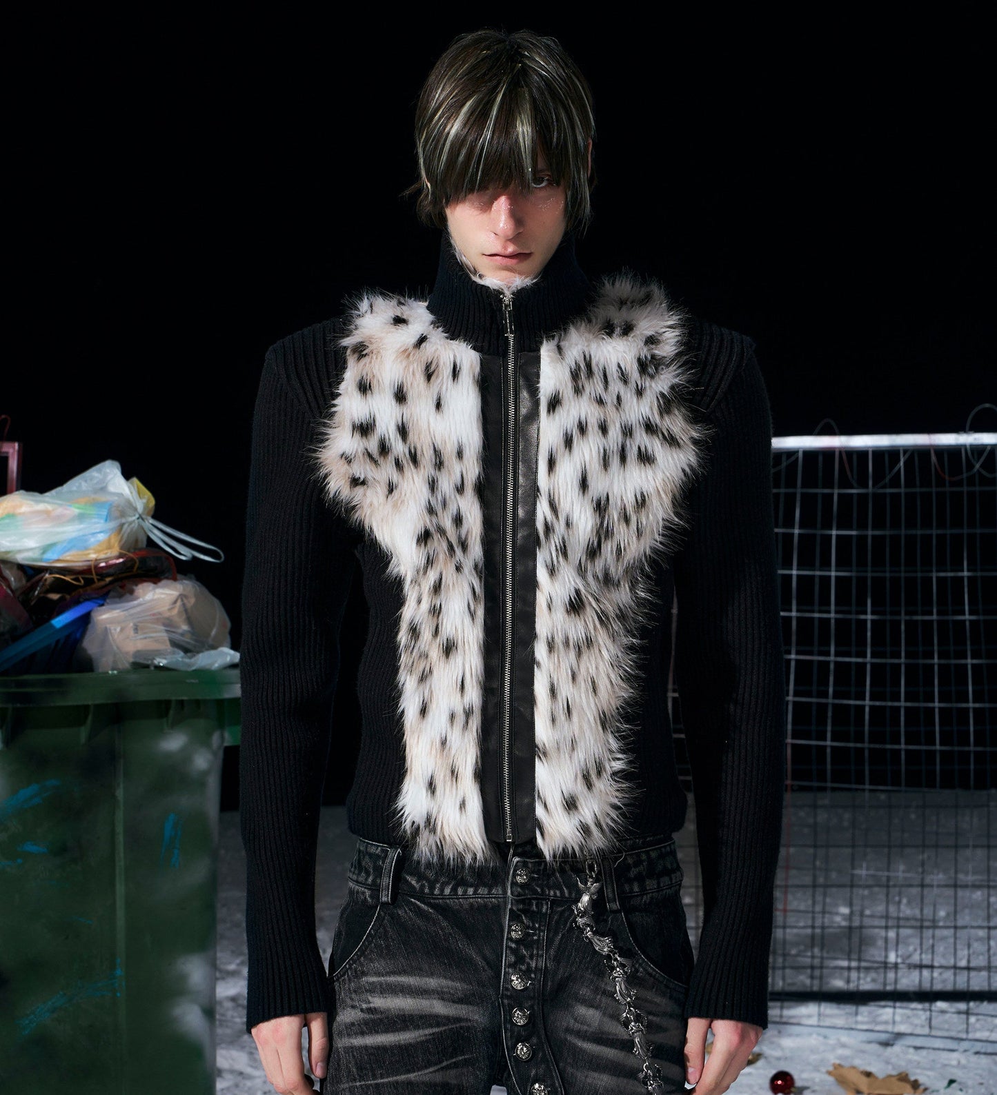 Fake Fur Stand Neck Knit Cardigan WN22716