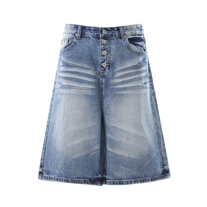 Washed Whisker Wide Leg Curved Half Denim Jeans WN25469