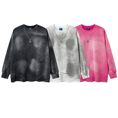 Tie-Dye Washed Necklace Detail Long Sleeve T-Shirt WN11514