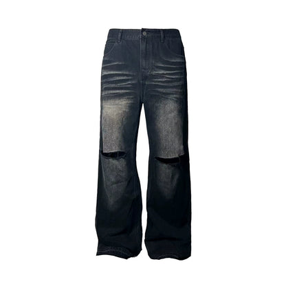 Water Wash Damage Wide Leg Denim Jeans WN8530