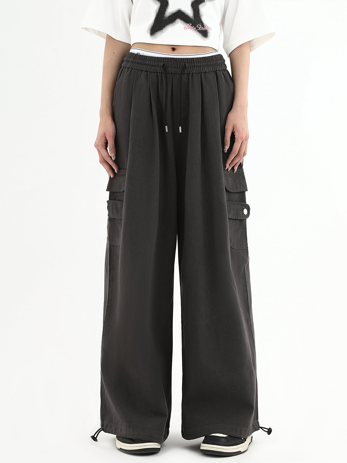 Button Patch Wide Leg Cargo Pants WN7148