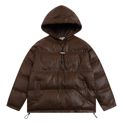 Hooded Pullover Oversize PU Leather Puffer Jacket WN11146