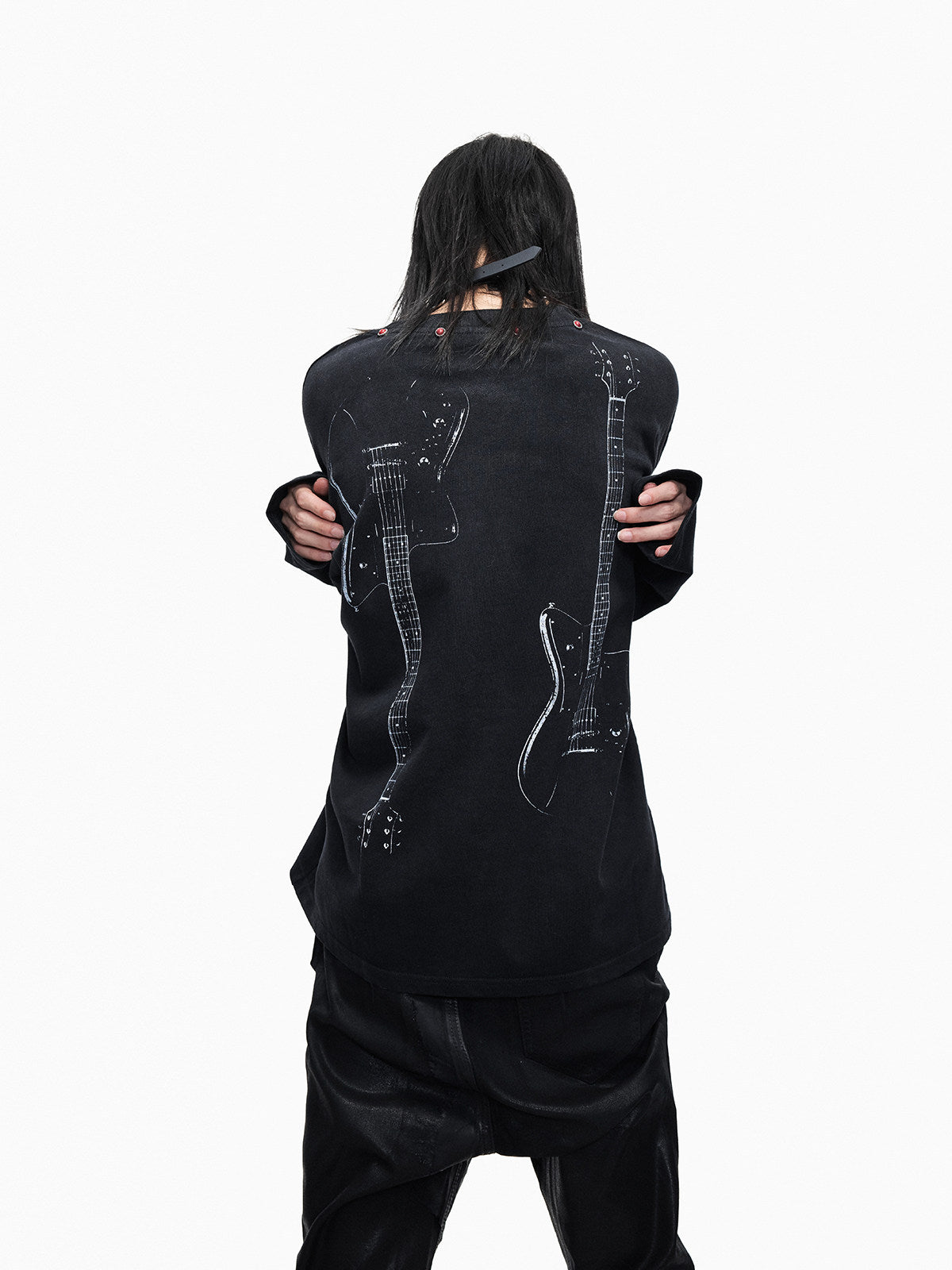 Washed Guitar Portrait Slogan Print Long Sleeve T-Shirt WN27324