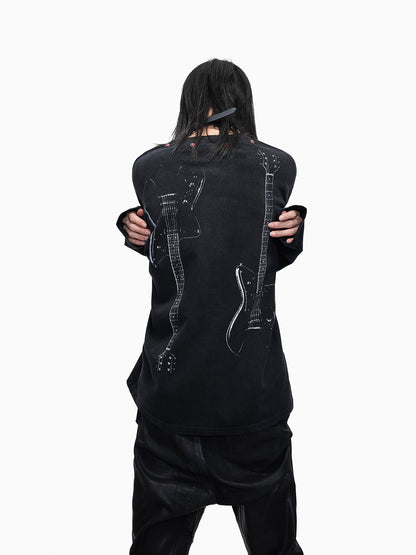 Washed Guitar Portrait Slogan Print Long Sleeve T-Shirt WN27324