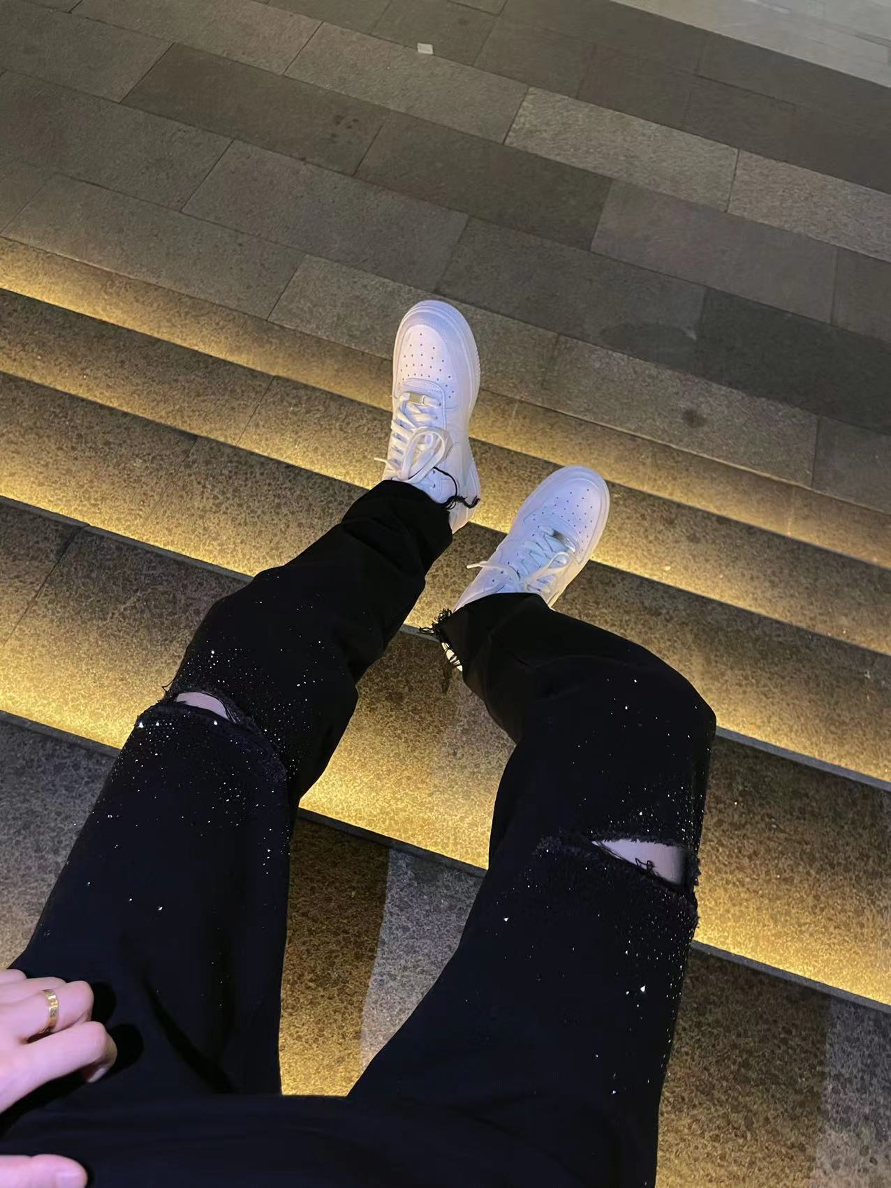 Rhinestone Damage Straight Denim Jeans WN20693