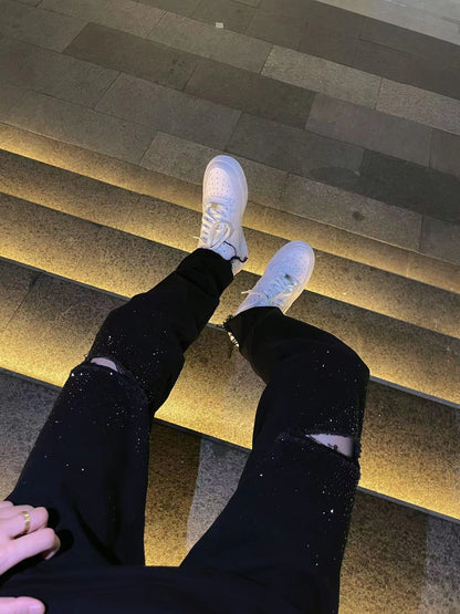 Rhinestone Damage Straight Denim Jeans WN20693