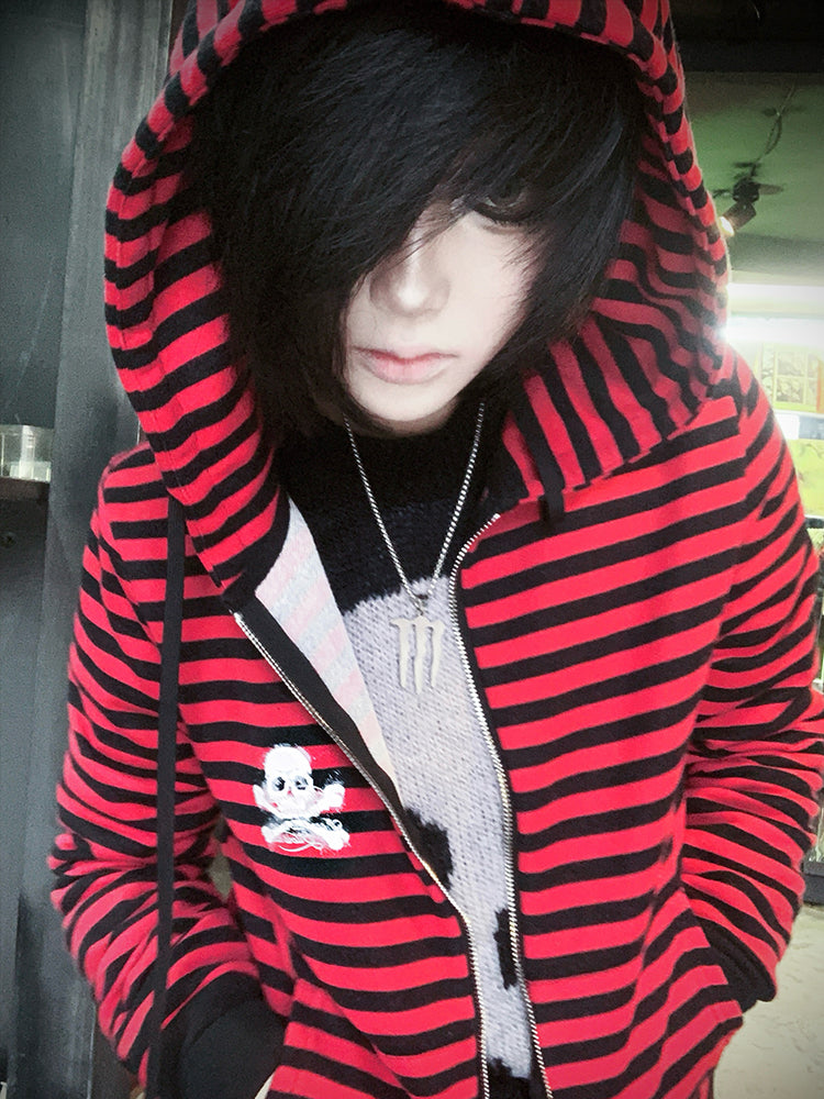 Skull Design Stripe Zipper Hoodie WN16089