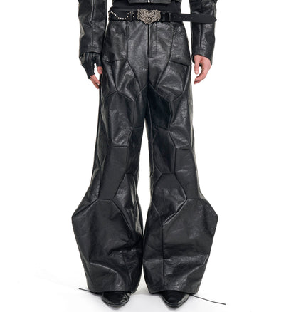 Deconstruction PU Leather Jacket & Wide Leg Pants Setup WN20949
