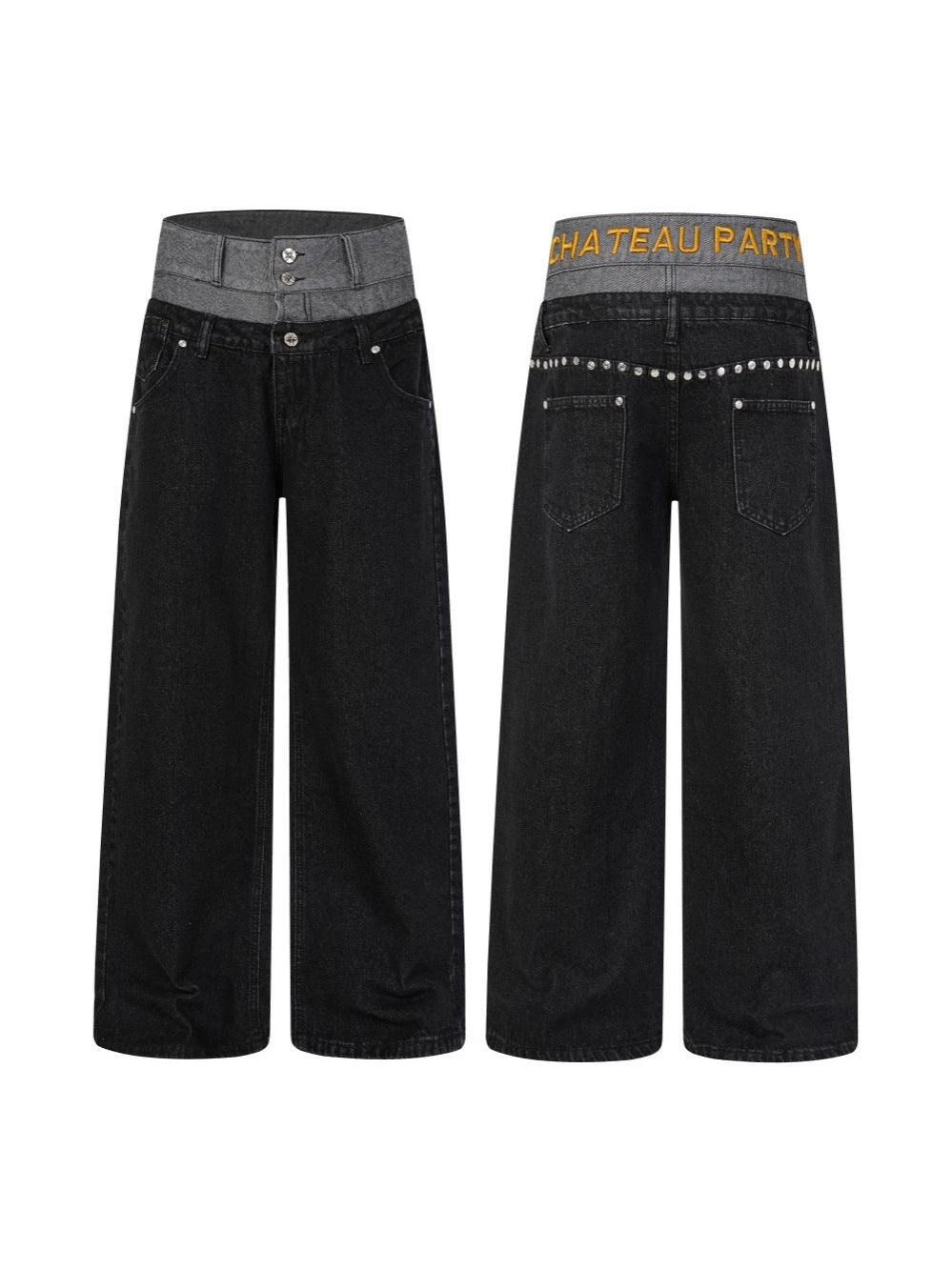 Double Waist Studs Detail Wide Leg Denim Jeans WN28026