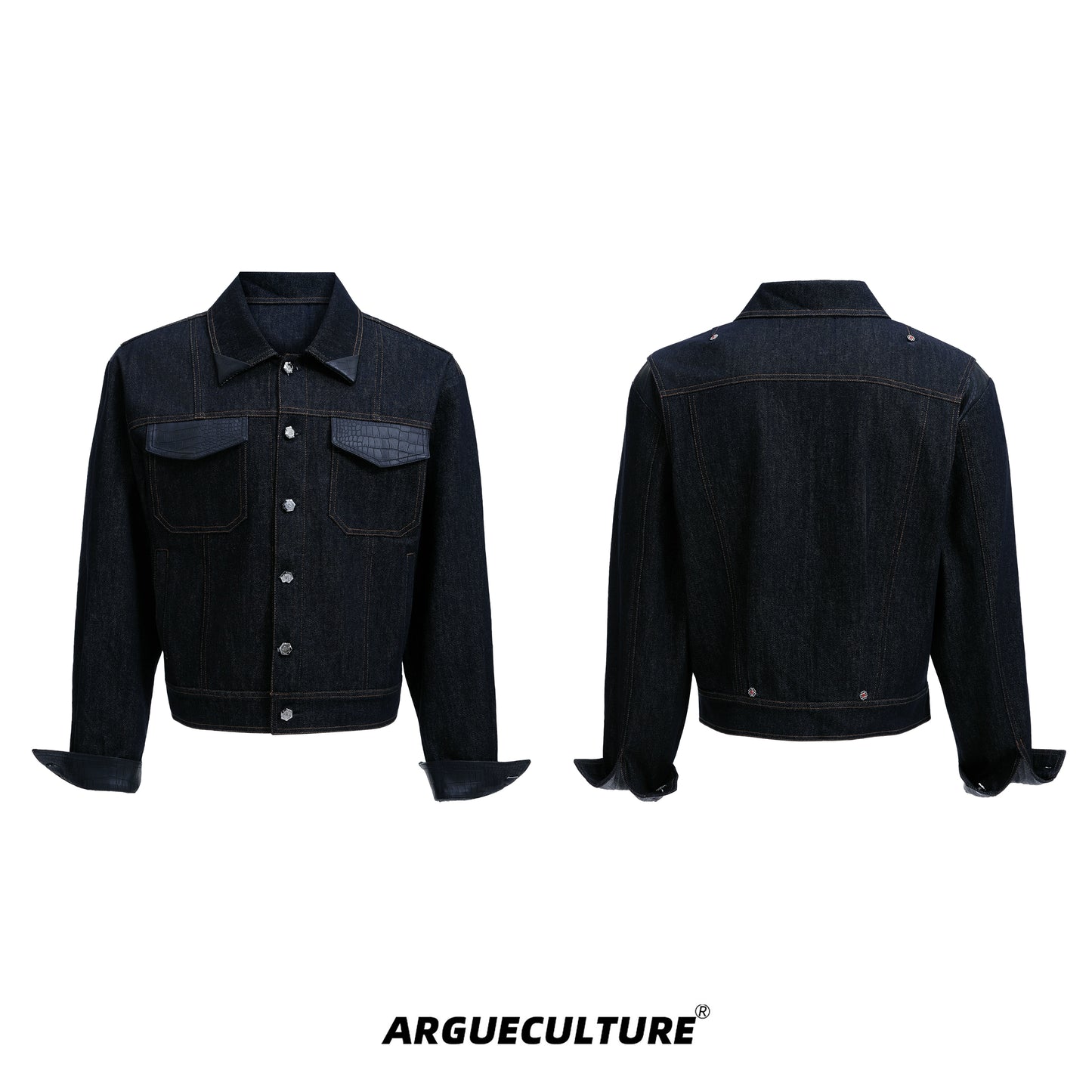 Crocodile Pattern PU Leather Mix Denim Jacket & PU Leather Mix Denim Jeans Setup WN20524