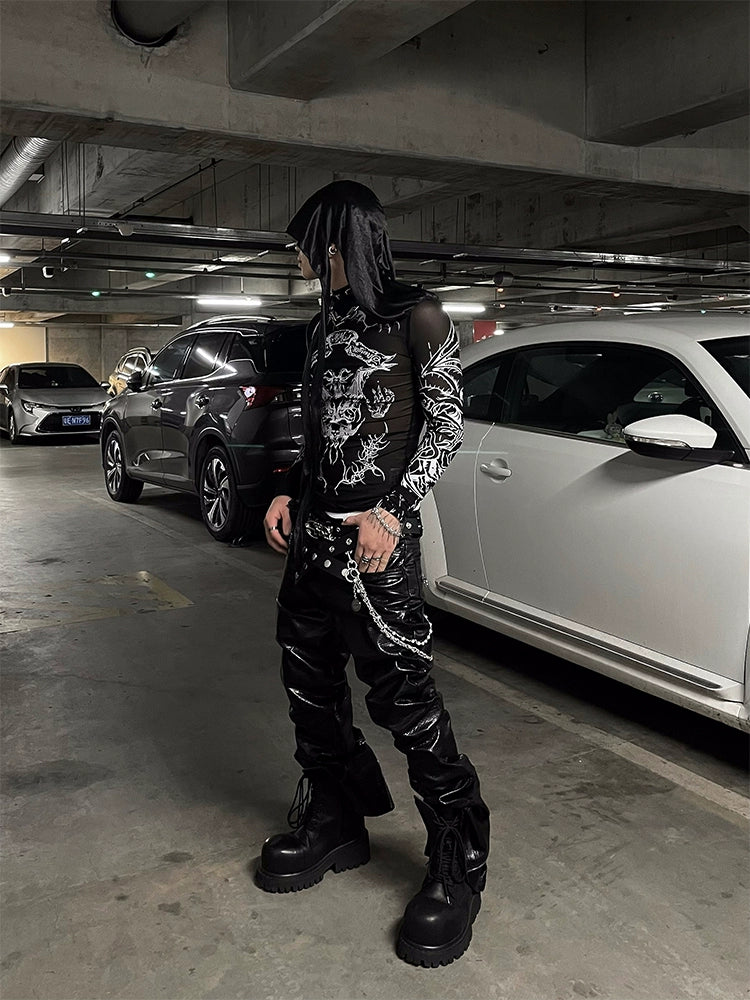 Mesh See-Through High-Neck Long Sleeve T-Shirt WN16309