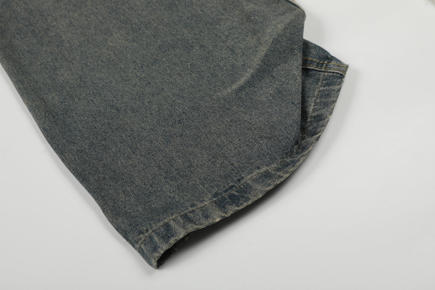 Washed Whisker Cross Studs Wide Leg Denim Jeans WN25798