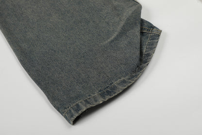 Washed Whisker Cross Studs Wide Leg Denim Jeans WN25798