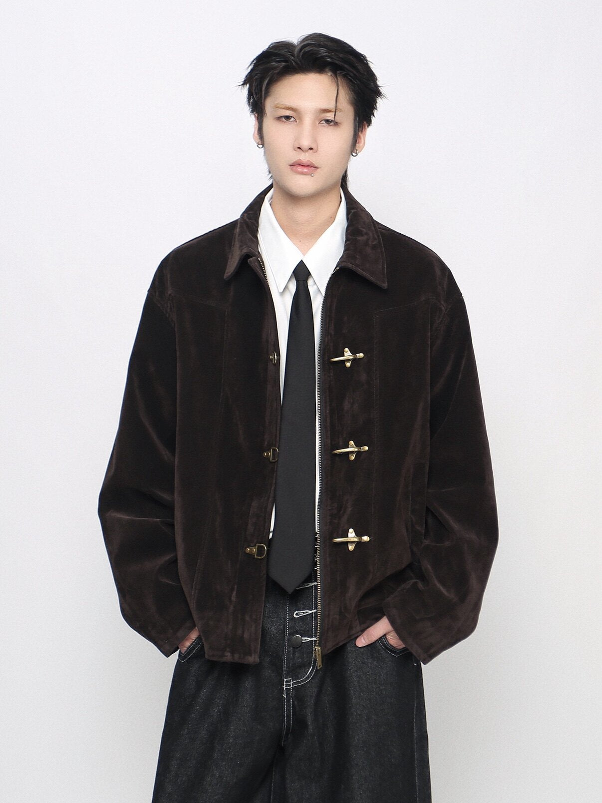 Washed Metal Buckle Button Suede Jacket WN24480