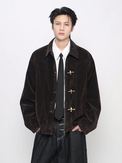 Washed Metal Buckle Button Suede Jacket WN24480