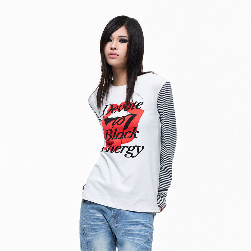 Stripe Panel Raglan Sleeve Print Long Sleeve T-Shirt WN27369