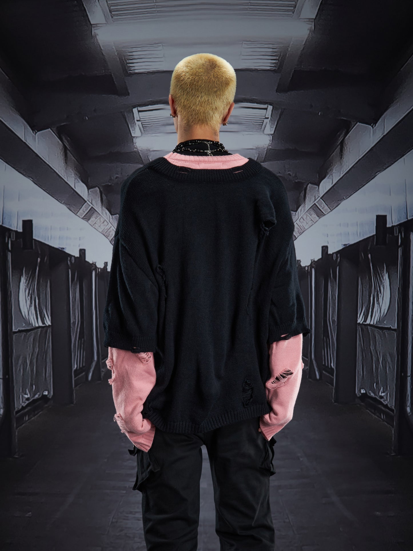 Fake Layered Color Block Damage Print Oversize Knit Sweater WN22802