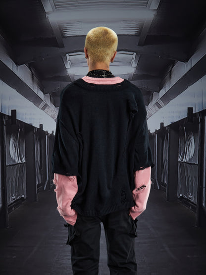 Fake Layered Color Block Damage Print Oversize Knit Sweater WN22802