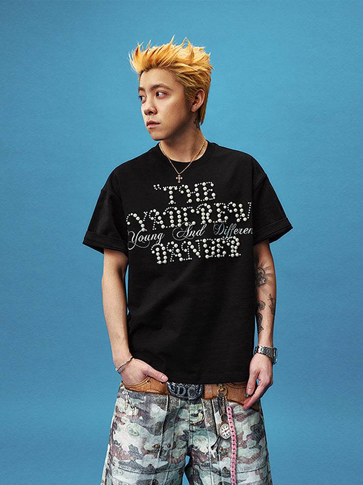 Pearl Letter Embroidery Oversize Short Sleeve T-Shirt WN23246