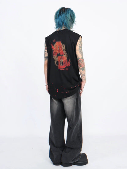 Dragon Print Design Oversize Sleeveless T-Shirt WN5294