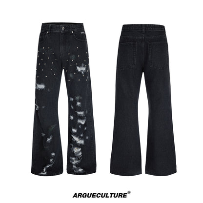 Stud Ripped Wide Leg Denim Jeans WN27007